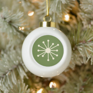 Mid Century Modern Atomic Dot Green & Cream Ceramic Ball Christmas Ornament