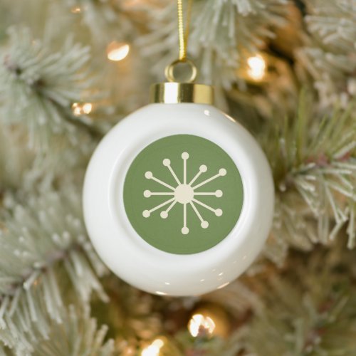 Mid Century Modern Atomic Dot Green  Cream Ceramic Ball Christmas Ornament