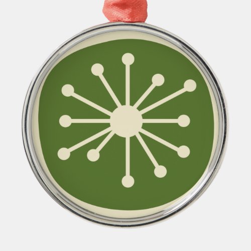 Mid Century Modern Atomic Dot Green  Cream Metal Ornament