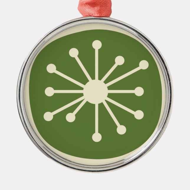 Mid Century Modern Atomic Dot Green & Cream Metal Ornament (Front)