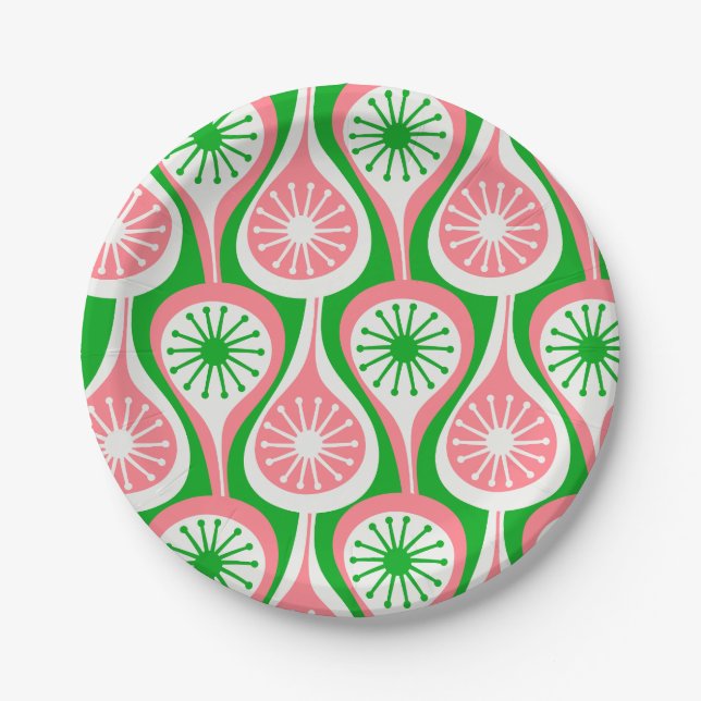 Mid Century Modern Atomic Drops Pattern Green Pink Paper Plates (Front)
