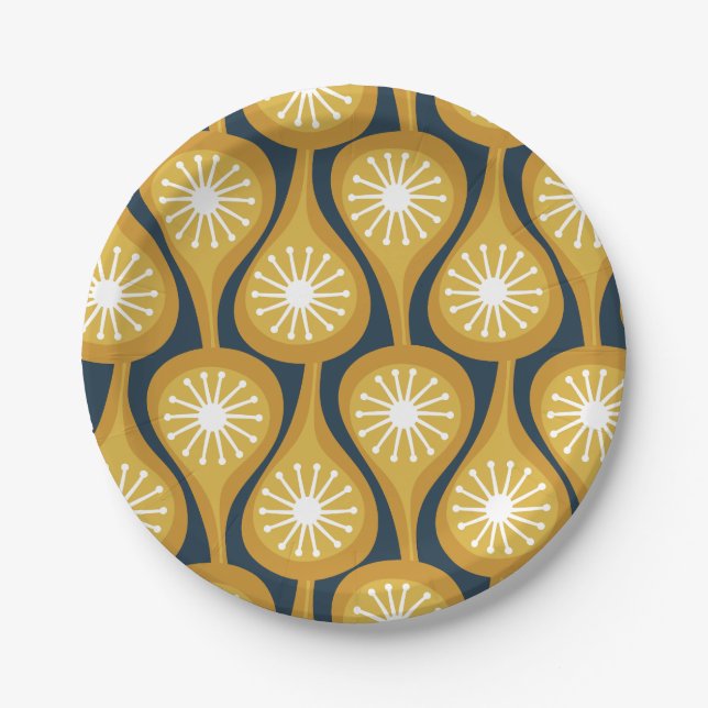 Mid Century Modern Atomic Drops Pattern Mustard Paper Plates (Front)