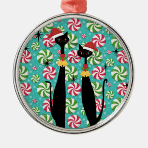 Mid Century Modern Atomic Era Cool Cat Peppermint Metal Ornament