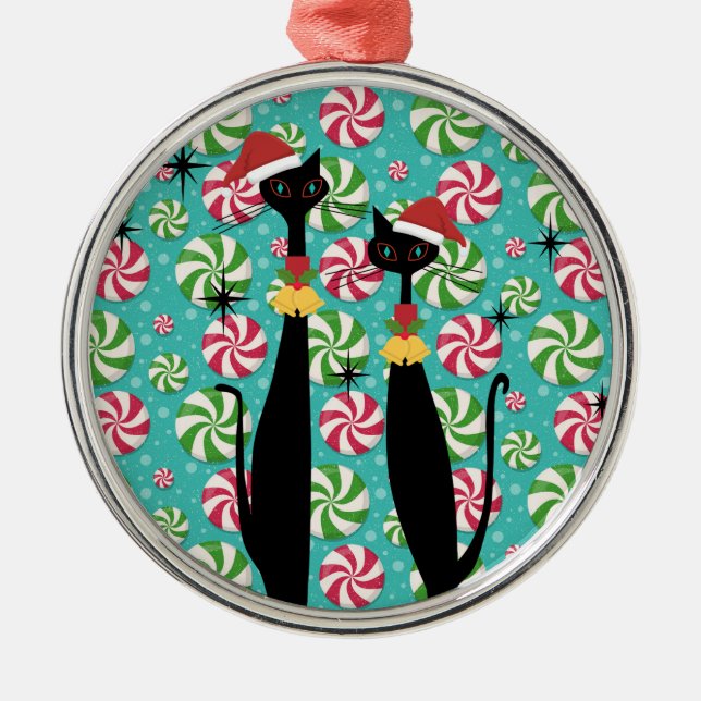 Mid Century Modern Atomic Era Cool Cat Peppermint Metal Ornament (Front)