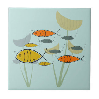Mid Century Modern Atomic Era Fish Swimming Blue Ceramic Tile