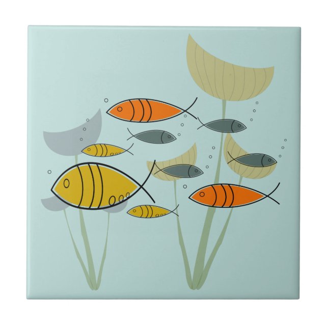 Mid Century Modern Atomic Era Fish Swimming Blue Ceramic Tile (Front)