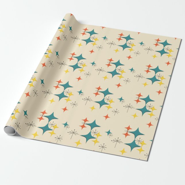 Mid Century Modern Atomic Era Starbursts Turquois Wrapping Paper (Unrolled)