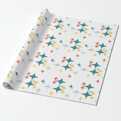 Mid Century Modern Atomic Era Starbursts Turquois  Wrapping Paper