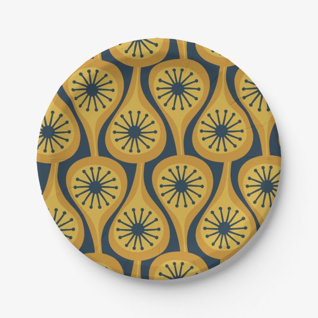 Mid Century Modern Atomic Pattern Mustard Navy Paper Plates (Front)