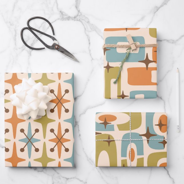 Mid Century Modern Atomic Patterns Wrapping Paper Sheets (Front)