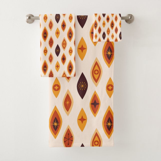 Mid Century Modern Atomic Shapes Earthy Tones Bath Towel Set (Insitu)
