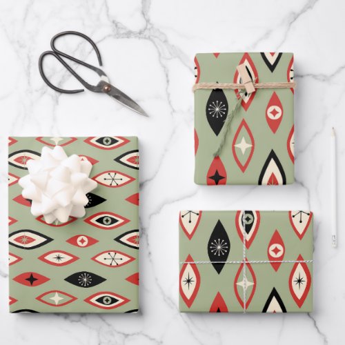 Mid Century Modern Atomic Shapes Green Red Black Wrapping Paper Sheets