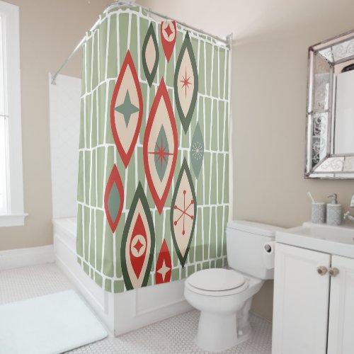 Mid Century Modern Atomic Shapes Green Red Shower Curtain