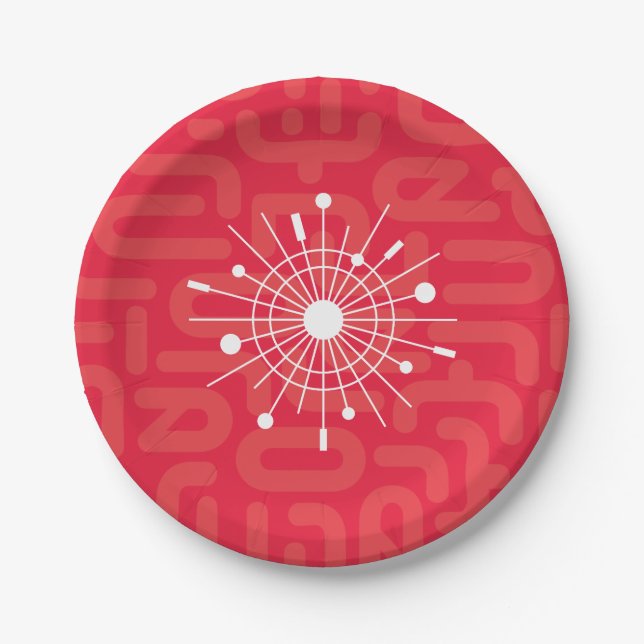 Mid-Century Modern Atomic Sputnik Christmas Red Paper Plates (Front)