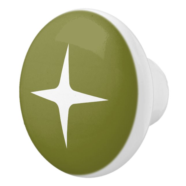 Mid Century Modern Atomic Star Retro Minimal Olive Ceramic Knob (Right)
