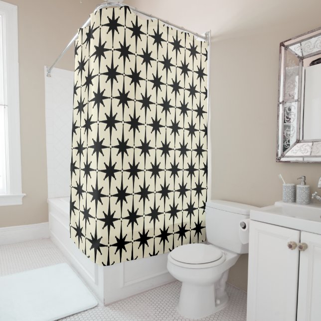 Mid Century Modern Atomic Starburst Pattern Black Shower Curtain (In Situ)