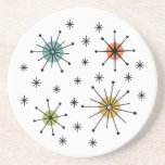 Mid Century Modern Atomic Starburst Pattern Coaster<br><div class="desc">A vibrant cluster of atomic‑era starbursts radiates with mid‑century charm, each burst anchored by a bold colored center in turquoise, orange, green, and mustard. The crisp black lines and dotted tips create a rhythmic, symmetrical pattern that feels both nostalgic and stylishly modern. This design captures the playful optimism of the...</div>