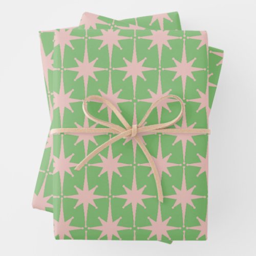 Mid Century Modern Atomic Starburst Pattern Green  Wrapping Paper Sheets