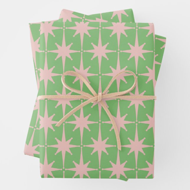 Mid Century Modern Atomic Starburst Pattern Green  Wrapping Paper Sheets (In situ)