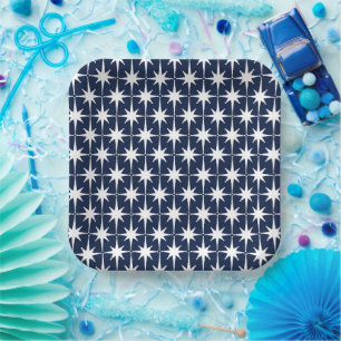 Mid Century Modern Atomic Starburst Pattern Navy  Paper Plates