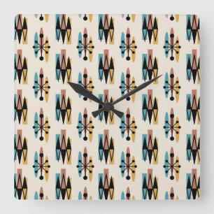 Mid Century Modern Atomic Starburst Pattern Square Wall Clock