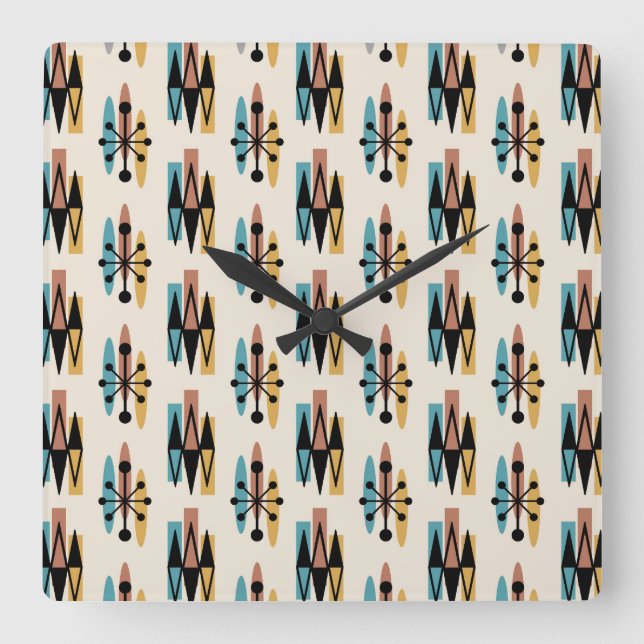 Mid Century Modern Atomic Starburst Pattern Square Wall Clock (Front)