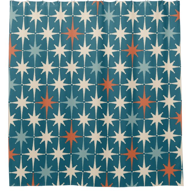 Mid Century Modern Atomic Starburst Pattern Teal Shower Curtain (Front)