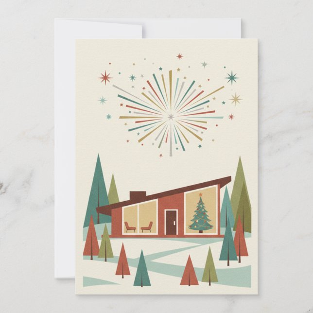 Mid-Century Modern Atomic Starburst Personalized Holiday Card (Front)
