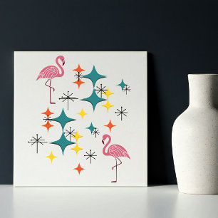 Mid Century Modern Atomic Starburst Pink Flamingos Ceramic Tile