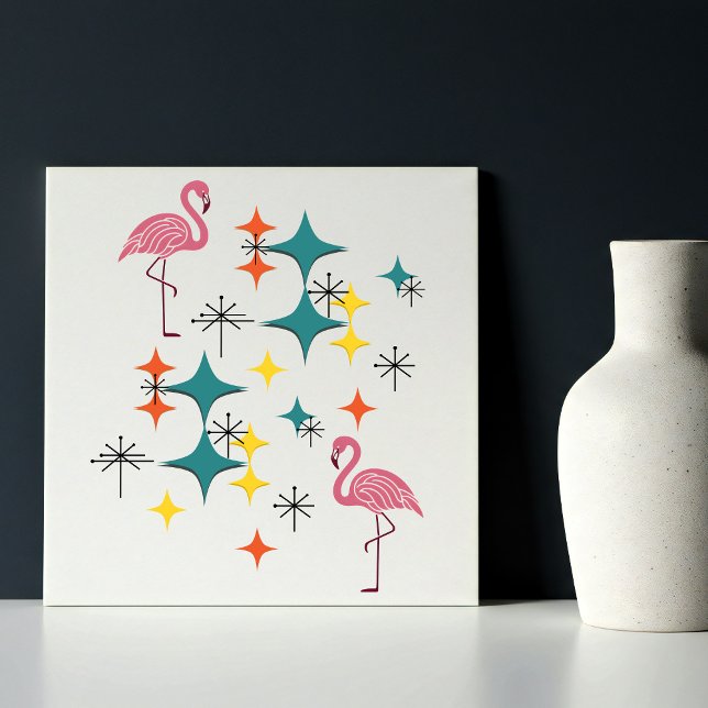 Mid Century Modern Atomic Starburst Pink Flamingos Ceramic Tile (Mid Century Modern Pink Flamingos Diamonds Stars Starbursts Teal Red Yellow Eames Atomic Era Pattern)