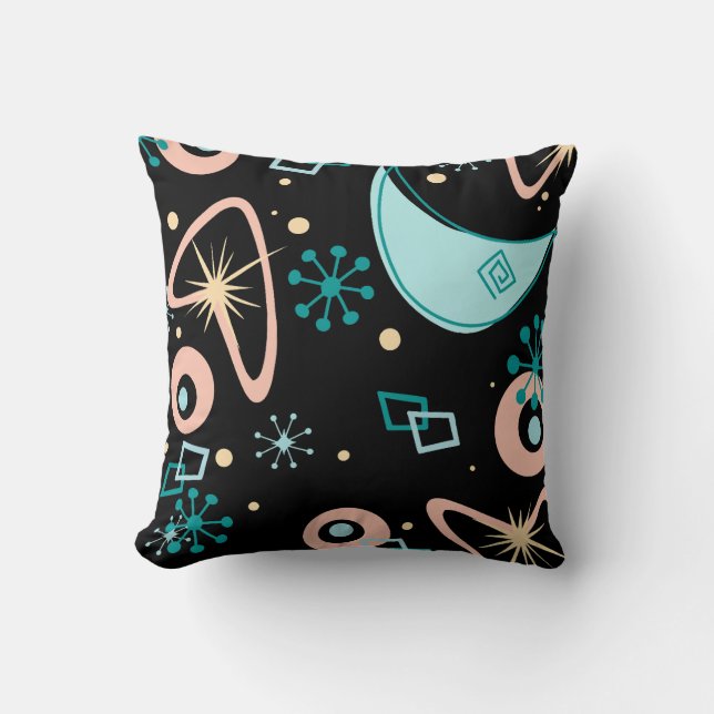 Mid Century Modern Atomic Starburst Retro Black Throw Pillow (Front)
