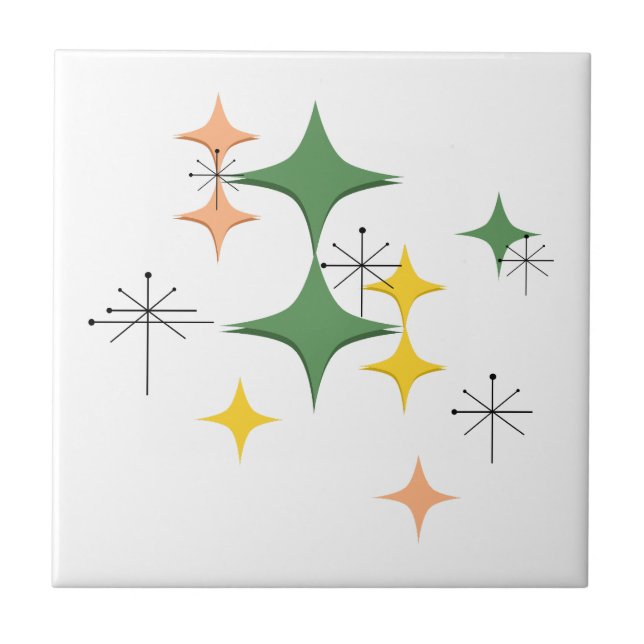 Mid Century Modern Atomic Starbursts Custom Green Ceramic Tile (Front)