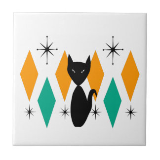 Mid Century Modern Atomic Starbursts Diamonds Cat Ceramic Tile