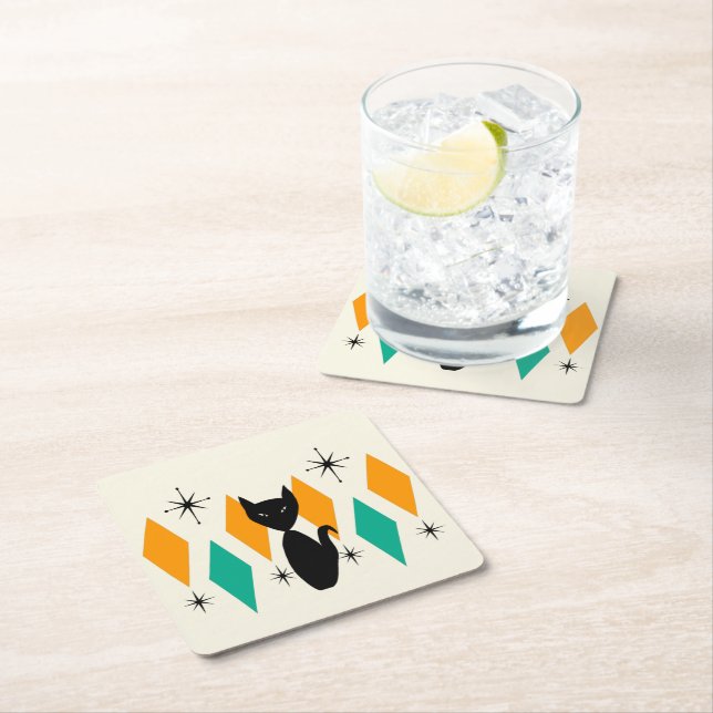 Mid Century Modern Atomic Starbursts Diamonds Cat  Square Paper Coaster (Insitu)