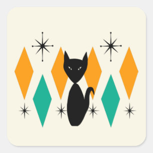 Mid Century Modern Atomic Starbursts Diamonds Cat Square Sticker
