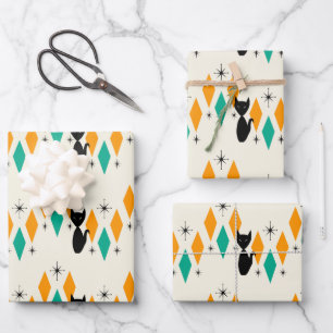 Mid Century Modern Atomic Starbursts Diamonds Cat Wrapping Paper Sheets