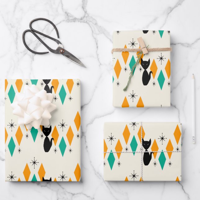 Mid Century Modern Atomic Starbursts Diamonds Cat Wrapping Paper Sheets (Front)