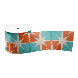 Mid Century Modern Atomic Stars Checkered Pattern Satin Ribbon