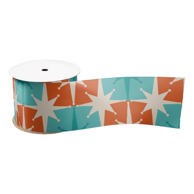 Mid Century Modern Atomic Stars Checkered Pattern Satin Ribbon (Spool)