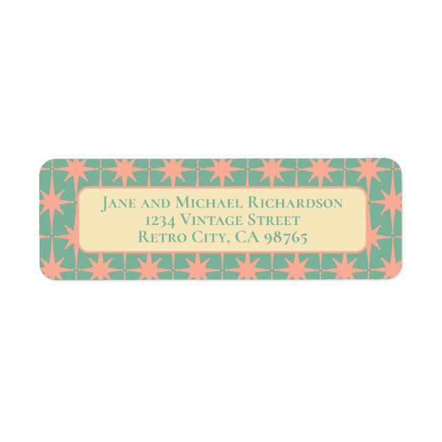 Mid Century Modern Atomic Stars Retro Pink Teal Label (Front)
