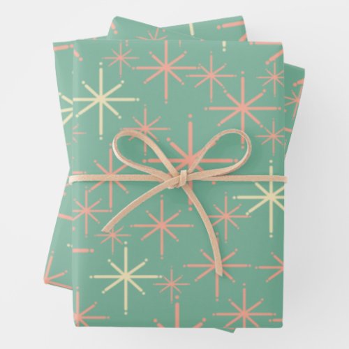 Mid Century Modern Atomic Twinkling Stars Retro Wrapping Paper Sheets
