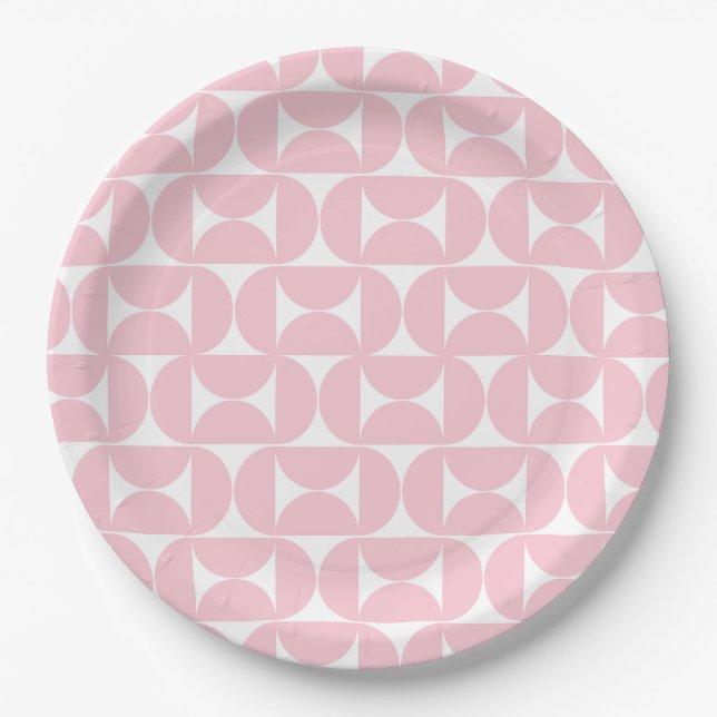 Mid Century Modern Baby Pink And White Pattern Paper Plates (Front)