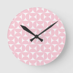 Mid Century Modern Baby Pink And White Pattern Round Clock