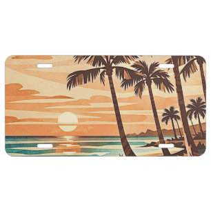 mid century modern beach Hawaii sunset palm trees License Plate