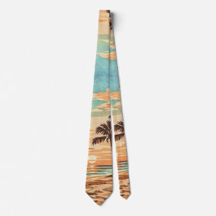mid century modern beach Hawaii sunset palm trees Neck Tie