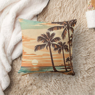mid century modern beach Hawaii sunset palm trees Throw Pillow