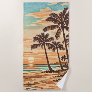 mid century modern beach Hawaii sunset palm trees  Towel