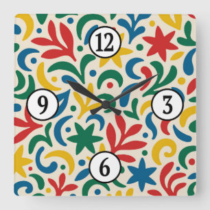 Mid Century Modern Biophilic Pattern Square Wall Clock