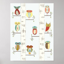 Mid Century Modern Birch Trees and Owls Poster