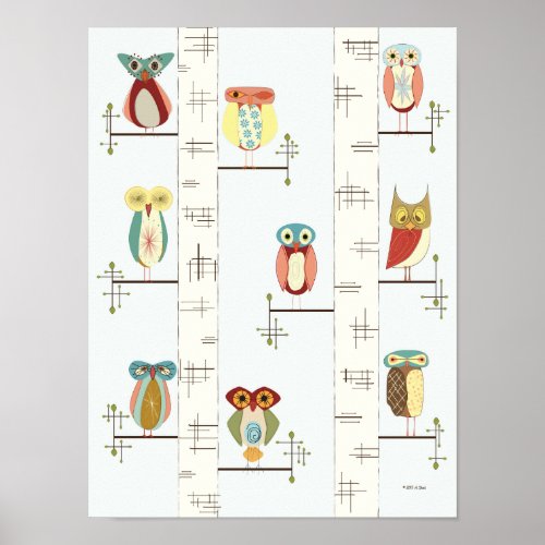 Mid Century Modern Birch Trees and Owls Poster